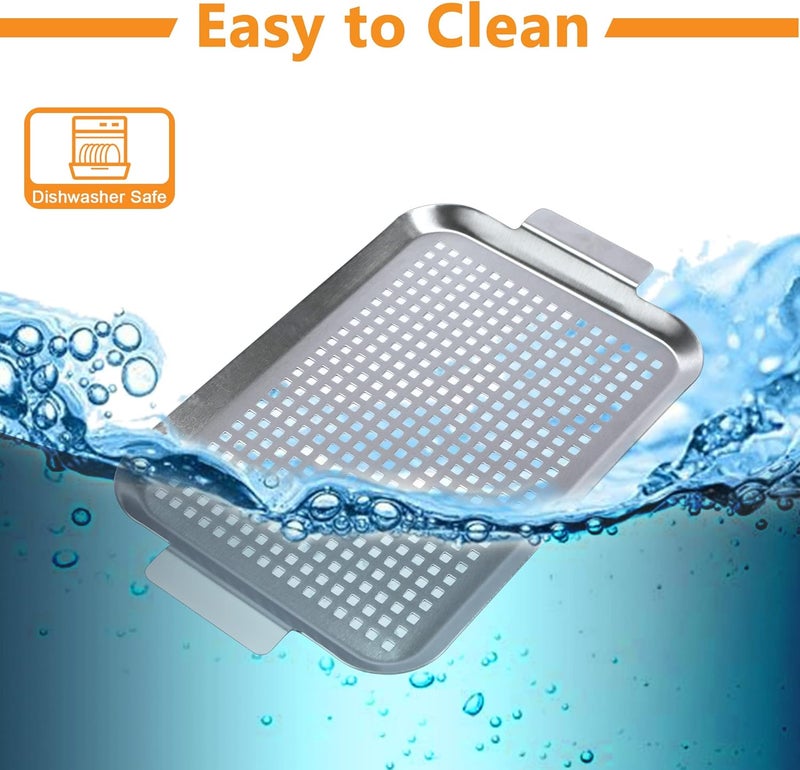 CookTime Grill Pan Set of 2, BBQ Grill Topper for Outdoor Grill, Stainless Steel Grilling Baskets with Holes and Handles, Perforated Food Tray Barbecue Accessories for Vegetable, Fish, Large - Image 5